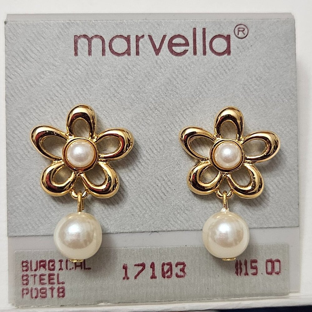 Marvella Flower Goldtone Pierced Earrings with Faux Pearls in Center/Drop Pearl